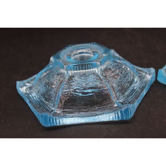 Vtg LE Smith Texture Glass Aqua Blue Hexagon Starfish Candle Holder Set of 2 - Picture 5 of 8